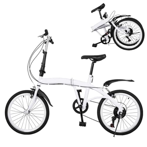 Image of 20 Inch Folding Bike for Adult, White High Carbon Steel Folding Mountain Bike - 6 Speed Gears Double V-Brake Kick - Lightweight Adjustable Height City Bike for Men and Women Teens (90% Pre-installed)