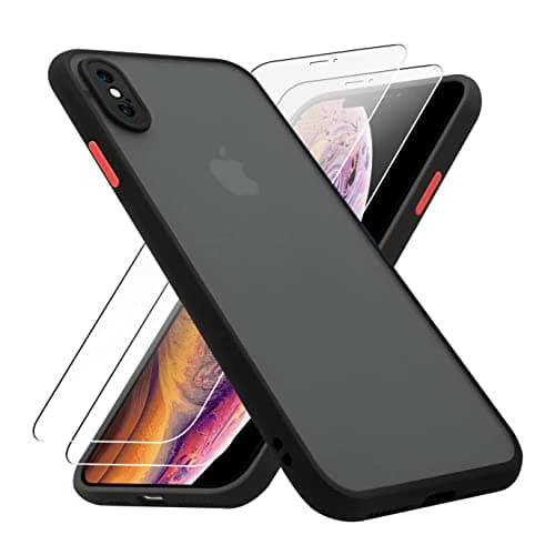 Image of KIOMY case for iPhone X/iPhone Xs with 2 HD Tempered Glass Screen Protectors, Translucent Matte Protection Cover with Soft Edge, Hard PC Back and TPU Hybrid Anti Yellow slim fit shell, 5.8 inch black