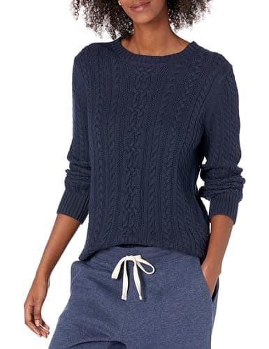 Image of Amazon Essentials Women's Fisherman Cable Knit Long-Sleeve Crewneck Jumper (Available in Plus Size), Navy, L