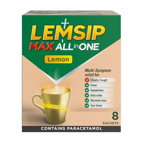 Image of Lemsip Cold and Flu Sachets, Lemon, 8 Sachets, Headache Relief, Nasal, Chesty Cough, Sore Throat Relief, Paracetamol, Maximum Strength, Multi-Symptom Relief, Medication