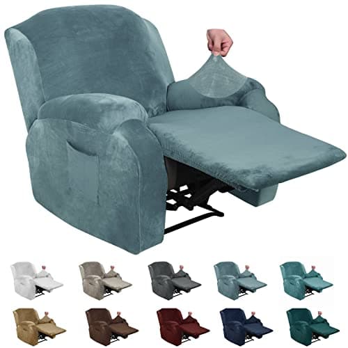 Image of XINEAGE 4 Pieces Velvet Recliner Slipcover Stretch Recliner Chair Cover with Side Pocket Anti-Slip Fitted Recliner Cover Couch Furniture Protector with Elastic Bottom (Recliner, Stone Blue)