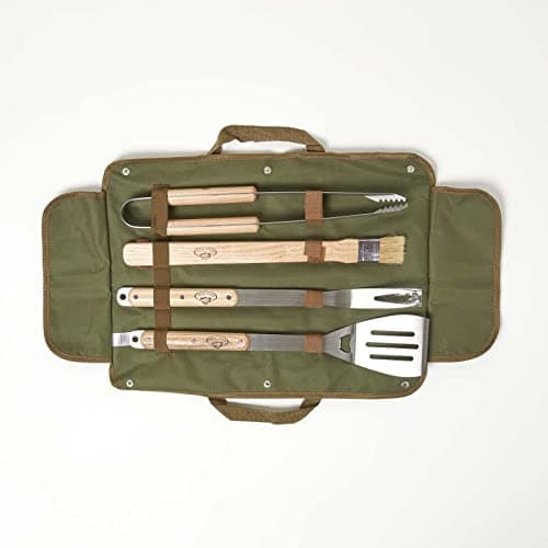 Image of HOMESCAPES BBQ Tool Kit in Storage Bag Stainless Steel Grill Tongs, Fork, BBQ Brush & Spatula Barbecue Tool Set with Storage Case for Garden Camping & Outdoor Grilling