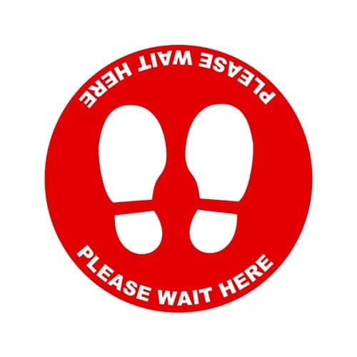 Image of 2 x please wait here red - social distancing landscape floor safety sign self adhesive vinyl weather proof label sticker - 15cm x 15cm - (SC-41)