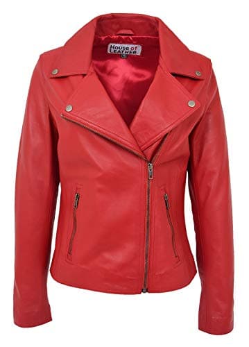 Image of Womens Real Leather Biker Jacket Cross Zip Style Lola (20, Red)