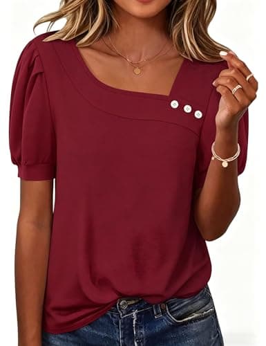 Image of Rapbin Ladies Tops Elegant Puff Sleeve Blouse with Asymmetrical Neck Women Blouses Buttons Shirt Summer Top for Leggings Burgundy M