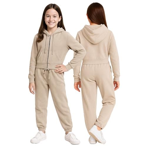 Image of Stylerstreet Girl’s Tracksuits Teenagers 2 Piece Terry Cotton Activewear Long Sleeve Outfit Full ZIp Fleece Hoodie and Jogging Bottom Set for Kids (UK, Age, 11 Years, 12 Years, Regular, Beige)