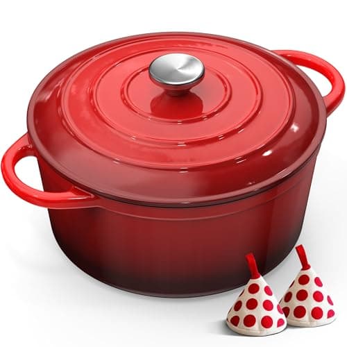 Image of Cast Iron Dutch Oven - 26CM 5L Casserole Dish with Lid Enamelled Cast Iron Round Pot for Bread Baking Braising Stews Roasting, Dutch Pot with Heat-resistant Gloves Easy to Clean - Red Topbooc