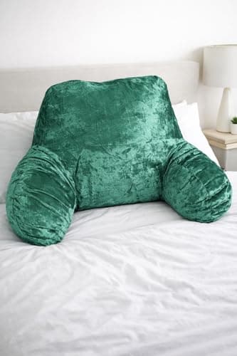 Image of L S U Crushed Velvet Reading Pillow with Arms – Supportive Lumbar Back Cushion for Sitting Up in Bed, Sofa, Gaming & Relaxation (green)