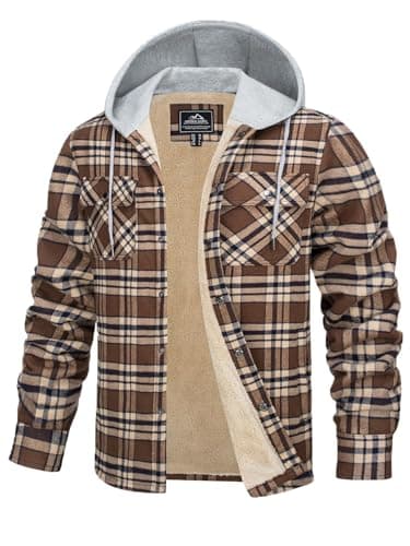 Image of TACVASEN Men's Hooded Flannel Shirts Jacket Lined Fleece Plaid Hoodies Shirts Button Down Padded Check Lumberjack Jacket Brown,M