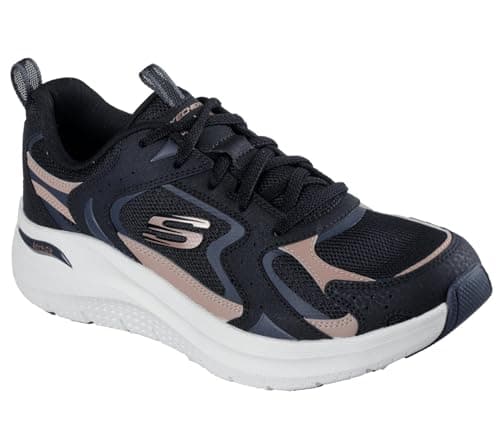 Image of Skechers Women's Arch Fit 2.0 Vintage Luxe Sneaker, Black Leather/Mesh/Rosegold Trim, 5 UK