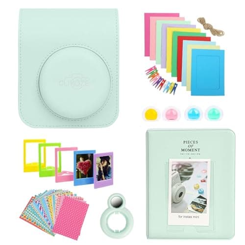 Image of Clikoze Instant Camera Accessories Bundle - Includes Camera Case Compatible With Fujifilm Instax Mini 12, Mini Album Book, Selfie Mirror, Film Stickers x20, Colour Filters and More (Mint Green)