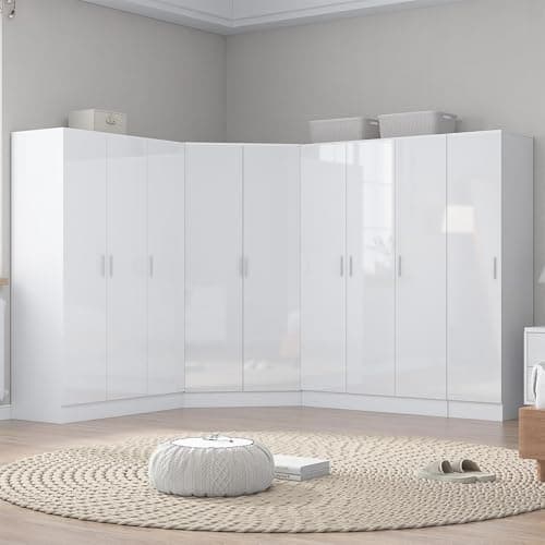 Image of Reflect 4pc Wardrobe Bundle | 2 Door Corner + 2x 3 Door Plain + 1 Door Plain | White Gloss & Matt White Finish | H: 180cm x W: 365cm x D: 103cm | Modern Bedroom Furniture Storage Solution