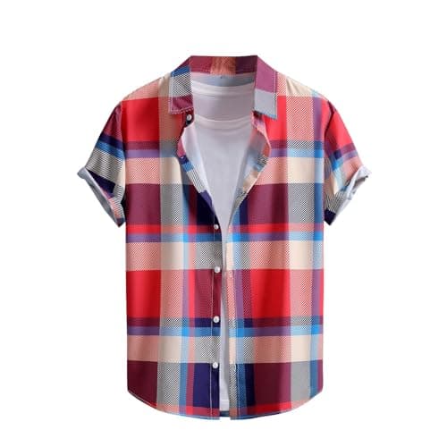 Image of RLEHJN Checked Shirt Mens Short Sleeve, Short Sleeved Shirts for Men Plaid Printed Regular Fit Beach Casual Shirt Button Down Turn-Down Collar Summer Tops Comfortable Lightweight Outerwear Red