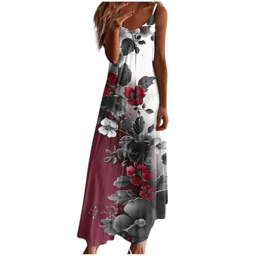 Image of Maxi Dresses for Women UK Sleeveless Spaghetti Strap Dress Summer Floral Print V Neck Dresses Casual Oversized Strappy A-line Dress Baggy Holiday Vacation Beach Long Sundress