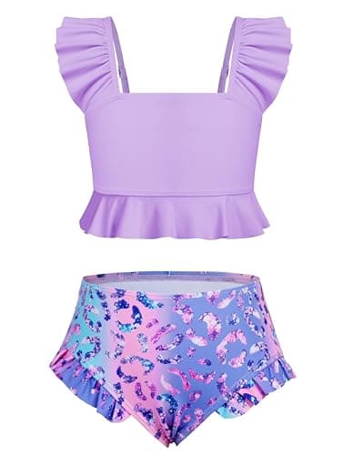 Image of XiaoMoSha Swimming Costume Girls Bikini Set Two Piece Swimsuit with Adjustable Straps Bathing Suit Swimwear for Girls, 7-8 Years, Purple Diamond Leopard
