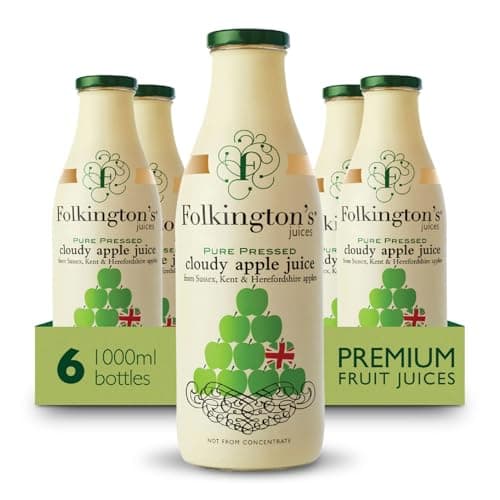 Image of Folkington's Cloudy Apple Fruit Juice, 6 x 1 Litre Glass Bottles, Premium Pressed Apple Juice, Vegan, 6 Count, 6 Litre