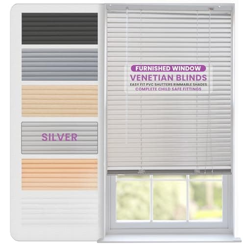 Image of FURNISHED Venetian Blinds Window Venetian Blind Easy Fit PVC Shutters Trimmable Shades for Home Kitchen Windows Treatment Shutters 25mm Slats Complete Child Safe Fittings - Silver 160W x 150L cm