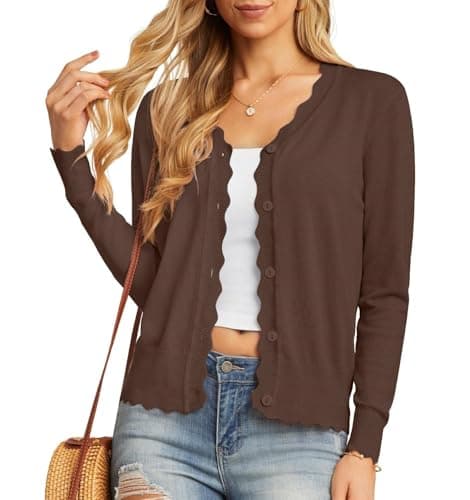 Image of GRECERELLE Women's Cardigans Knit Long Sleeve V Neck Button Down Lightweight Ladies Scalloped Shrugs Jumper Cardigan for Dress Summer Evening Wedding (Coffee, M)