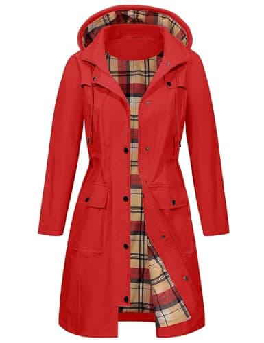Image of Tuopuda Waterproof Jackets Long Rain Coats for Women Windproof Raincoat Ladies Hooded Rain Jacket Outdoor Windbreaker Lightweight Breathable Softshell Jacket with Pockets, Red, M