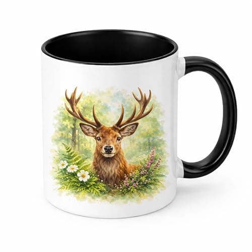 Image of Brew Crew Gifts Watercolour Stag Mug, Majestic Deer Woodland Ceramic Coffee Cup, Nature & Country Gift, 11oz (Black)