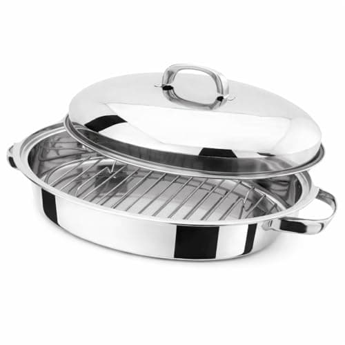 Image of 32cm Stainless Steel Oval Roasting Tray with Rack – Durable Roaster Pan with Sturdy Handles, Silver