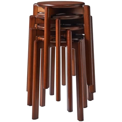 Image of YMYNY 4pcs Solid Stackable Wood Round Stool, Shoes change Dressing Stool for Living Room, Dining Room, Kitchen, Classroom, 27×27×45CM Brown HBD026H-4