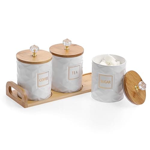 Image of BTSKY Ceramic Sugar Coffee Tea Storage Canisters with Lid and Tray - 3pcs White Airtight Storage Containers Food Storage Jars for Farmhouse Kitchen Counter