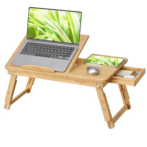 Image of SONGMICS Laptop Table Laptop Stand Breakfast Tray Folding Legs Bed Sofa Height Adjustable for up to 15.6 inch Laptops (61-68.3) x 34.9 x (22.5-32) cm Natural LLD01N