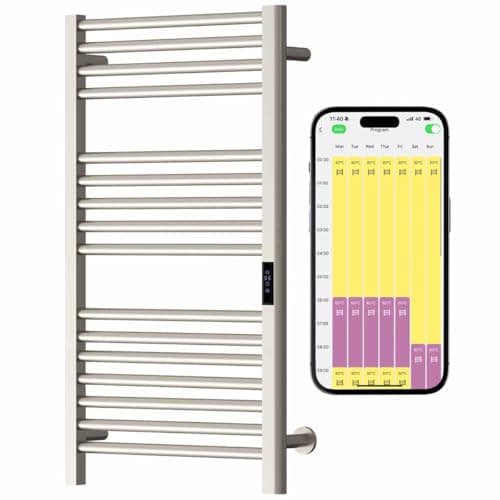Image of SolAire Sulby Wifi Stainless Steel Dry Electric Heated Towel Rail With Timer, Thermostat & Voice Control. Brushed Nickel Finish (500 x 800 mm)
