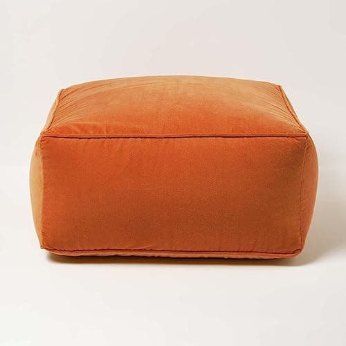Image of HOMESCAPES Burnt Orange Velvet Pouffe Cube 60 x 60 cm Square Bean Bag with 100% Cotton Velvet Cover & Piped Edging Large Plush Footstool for Living Room