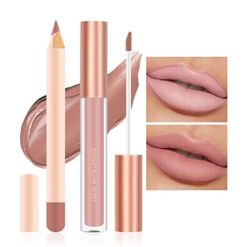 Image of Prreal 2Pcs Lip Liner and Lipstick Makeup Set, Matte Liquid Lipstick + Matching Lip Liner, Nude Velvety Lipstick Makeup Kit, Waterproof Long Lasting labiales mate 24 horas originales (01)