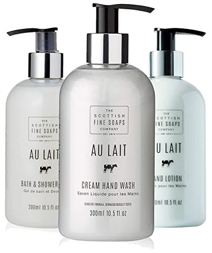 Image of The Scottish Fine Soaps Company Au Lait Gift Set includes Cream Hand Wash, Hand Lotion Moisturiser and Bath & Shower Gel all 300ml Bottles with Pump Dispenser