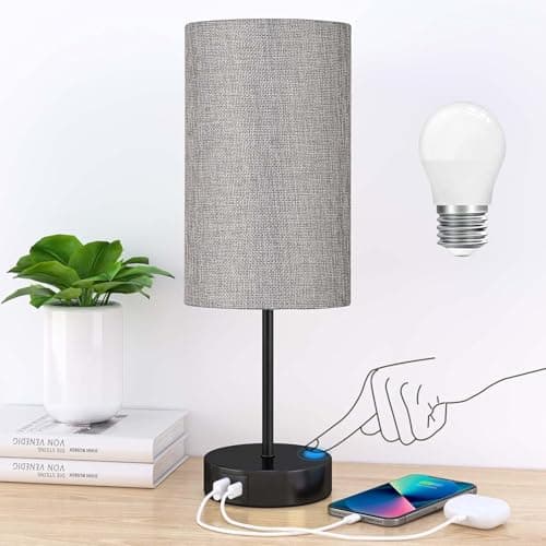 Image of STANBOW Bedside Lamps, Touch Lamps Bedside with USB A+C Charging Ports, 3-Way Dimmable LED, Table Lamps for Living Room Bedroom Gift with Grey Shade-Wood Base (LED Bulb Included)
