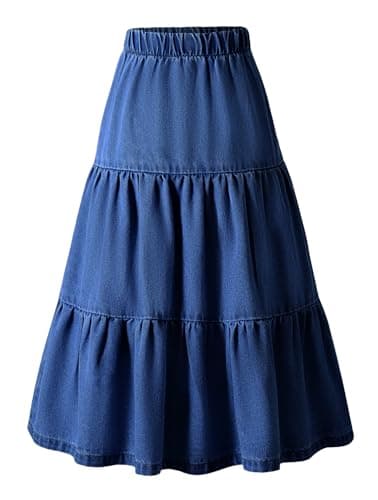 Image of Denim Skirt for Kids Girl Elastic High Waist A-Line Boho Swing Jean Skirts 9-10 Years Dark Blue