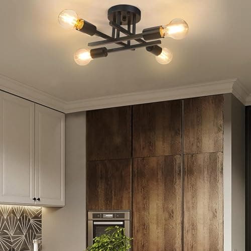 Image of Licperron Vintage Semi Flush Mount 4 Light Ceiling Light with E27 Base Modern Black Chandelier for Farmhouse Kitchen Bedroom