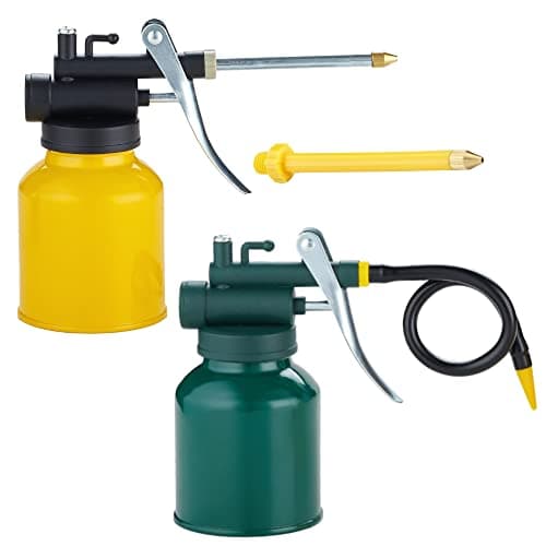Image of 2 sets of metal oil cans with 3 spouts, rigid and flexible spout