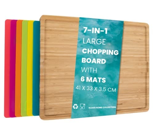 Image of Klass Home Collection 7 in 1 Large Wooden Chopping Board Set with 6 Coloured PP Mats, Contamination Free Bamboo Cutting Boards for Kitchen with Integrated Plastic Mats for Cutting & Serving