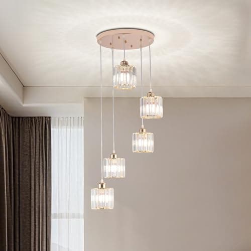 Image of Cainjiazh Crystal Pendant Lights Chandeliers for High Ceilings Modern Crystal Chandeliers Hanging Light Fixture Raindrop Drop Lamp for Dining Room Foyer Living Room Entryway Gold 5 Lights