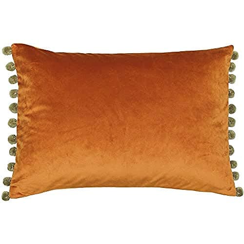 Image of Paoletti Fiesta Rectangular Cushion Cover – Faux Velvet with Pompom Edges (Rust/Khaki – 35 x 50cm)
