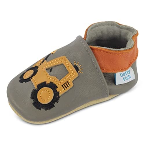 Image of Dotty Fish Soft Sole Leather Baby & Toddler Shoes – Barefoot, Non-Slip, Lightweight & Flexible, Elasticated Ankles - Unisex Boys & Girls, Podiatry Approved – Yellow Digger 18-24 Months