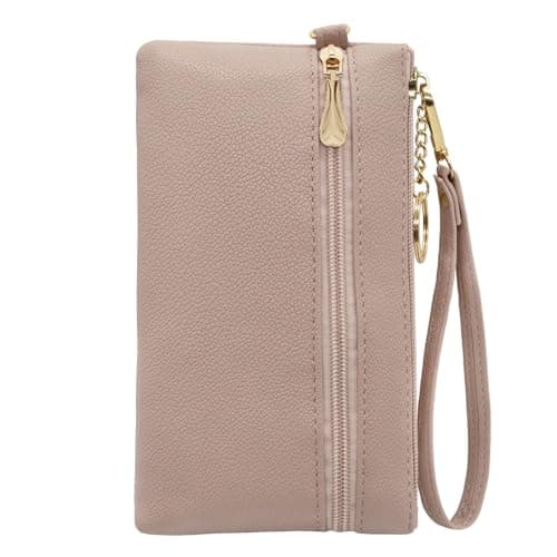 Image of LJCZKA Leather Wristlet Wallet for Women Men Clutch Handbags Purses Large Capacity Cellphone Credit Card Holder Pocket Bag with Wrist Strap, Keychain (Nude)