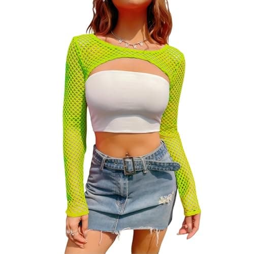 Image of DUOYIJIN Mesh Fishnet Tops for Women Long Sleeve Shrug Fishnet Novelty Crop Tops Y2K Clubwear Ladies Disco Retro Outfit 1980s Costume Neon Green