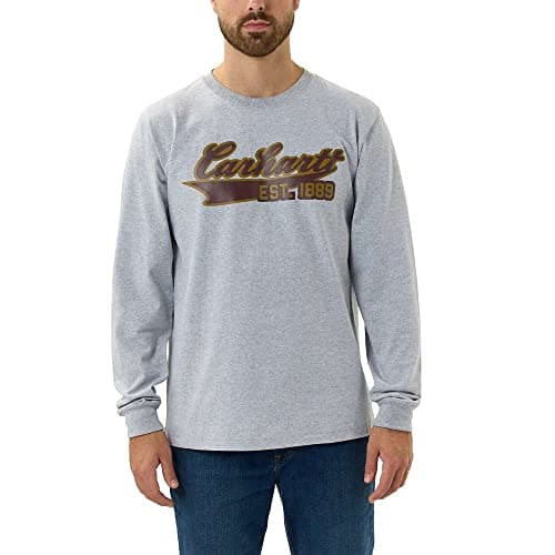 Image of Carhartt Men's Relaxed Fit Heavyweight Long-Sleeve Script Graphic T-Shirt Work Utility, Heather Grey, M