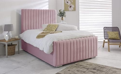 Image of 4FT Small Double Bummpy Line Bed Frame With Headboard And Mattress Upholstered In Plush Velvet Pink Wooden Slats - No Storage (Pink, 4FT Small Double Bed With Mattress)