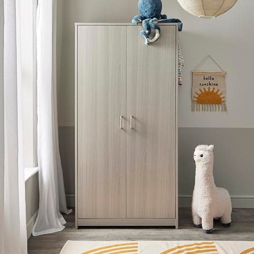 Image of Babymore Caro Nursery Wardrobe Grey - 2 Door Grey Wash Full Size Wardrobe With Handles, 2 Hanging Rails, Wooden Wardrobe Clothes Organizer Storage Cabinet With Top Shelf | Bedroom Furniture