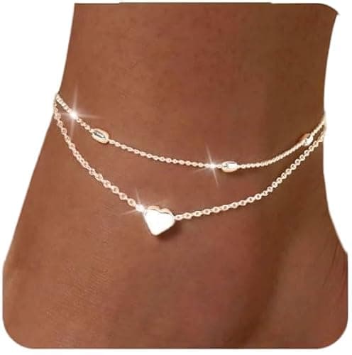 Image of Chaioe Womens S925 Sterling Silver Adjustable Anklet, Heart/Moon/Handcuff Ankle Bracelet, Summer Foot Jewelry, Stainless Steel/Gold Plated, Silver