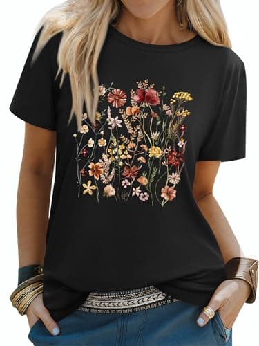 Image of Dresswel T Shirts for Women UK Vintage Botanical Floral Gardener T-Shirt Wildflower Graphic Tees Crewneck Short Sleeve Summer Tee Tops for Garden Lovers