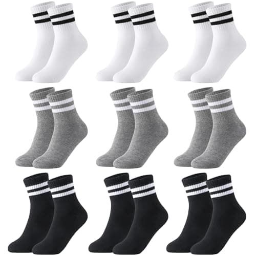 Image of 9 Pairs Kids Sports Crew Socks, Junior Cotton Socks Boys Sports Sock Striped Athletic Sock for Boys Girls Aged 8-15, Size 4-5.5