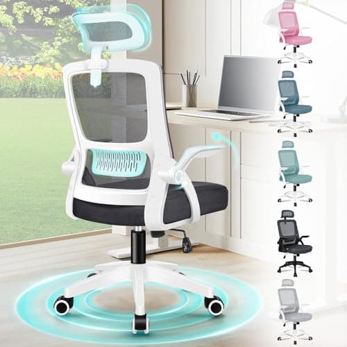 Image of ELFORDSON Ergonomic Office Chair, Mesh Desk Chairs with Headrest Lumbar Support, Executive Computer Swivel Chairs with Flip-up Armrests, Comfy Seat, Height Adjustable, Rocking for Home, Black & White