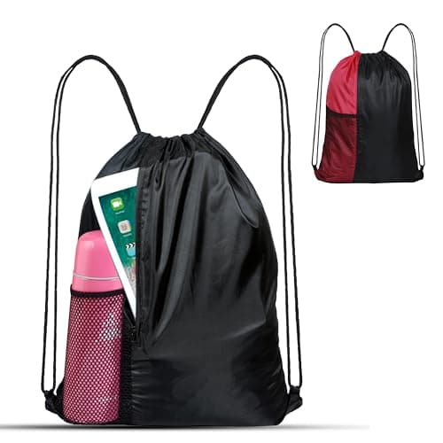 Image of HHH Drawstring Bag Boys Girls Kids Swim Gym Sack Dance PE Shoe Sport Backpack (Red Black)